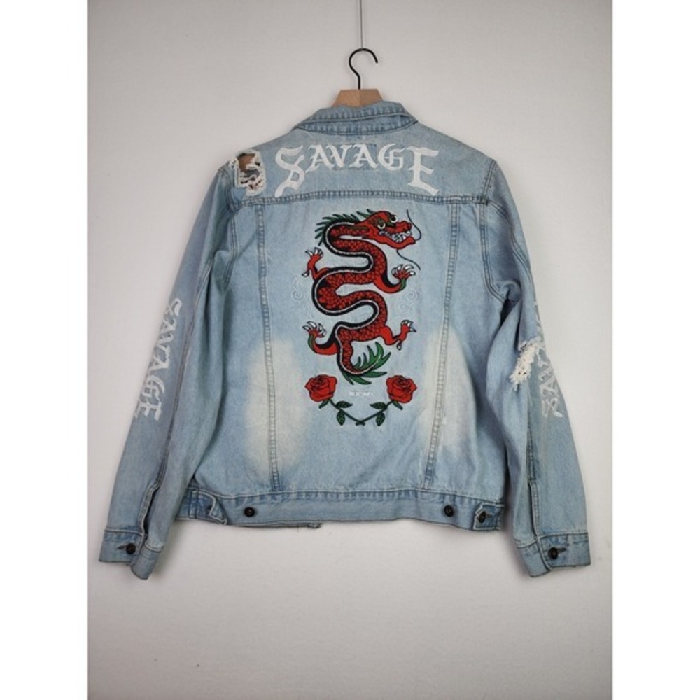 Brooklyn Cloth Men Punk Grunge Destroyed Rockabilly Light Denim Trucker Jacket L